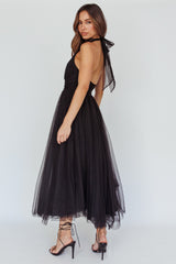 Andria Halterneck Tulle Midi Dress Black