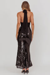 Italia Azure Halterneck Sequin Maxi Dress Black