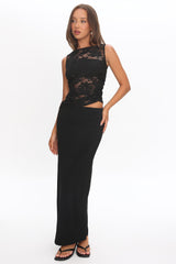 Lorely Ruched Lace Bodice Maxi Dress Black