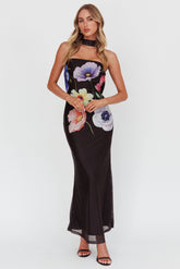 Damsel Reverse Halter Mesh Maxi Dress Flower Black