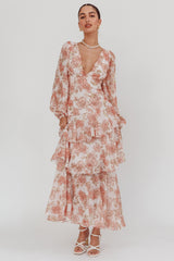 Veda Long Sleeve Floral Tiered Ruffle Maxi Dress Peach