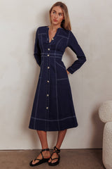 Aspen Love Front Pocket Long Sleeve Midi Dress Indigo
