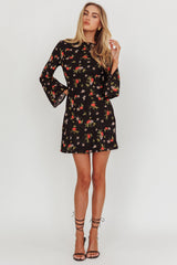 Thriller Long Sleeve Backless Mini Dress Floral Black