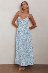 Enchanted Leaf Floral Print A-Line Maxi Dress Blue