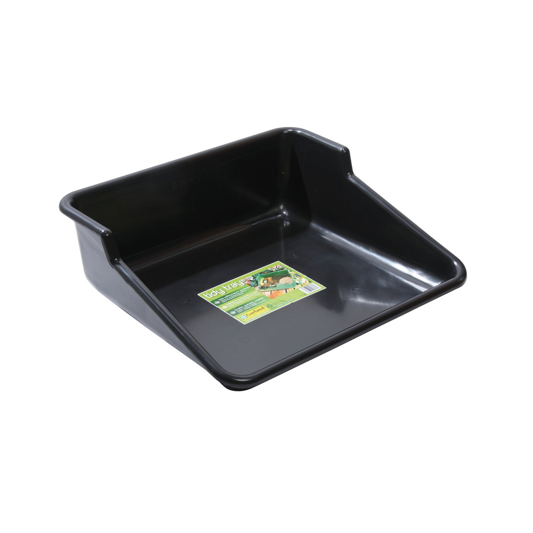 Black garden tidy tray, 24.5"L x 22"W x 8"H, made from 100% recycled plastic, ideal for indoor gardening.