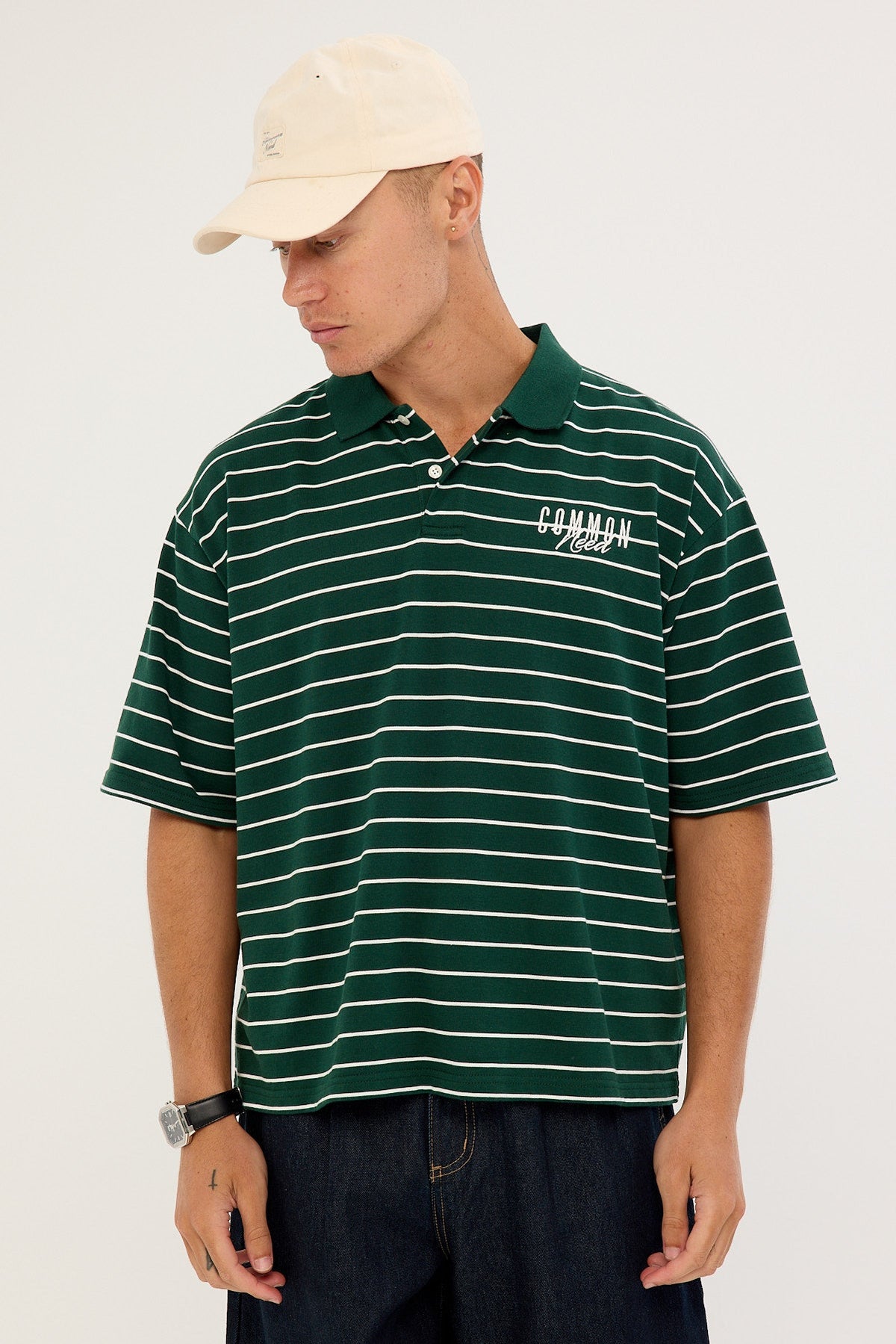 Common Need Motive Boxy Cropped Polo Forest Green Stripe