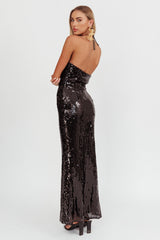 High Roller Flower Decoration Halter Dress Sequin Black