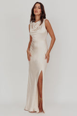 Jinora Cowl Neck Leg Slit Satin Maxi Dress