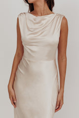 Jinora Cowl Neck Leg Slit Satin Maxi Dress