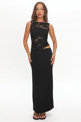 Lorely Ruched Lace Bodice Maxi Dress Black