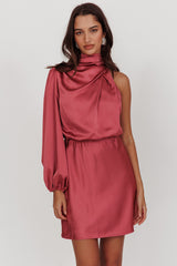 Can't Compete One Sleeve Satin Mini Dress Dusty Pink