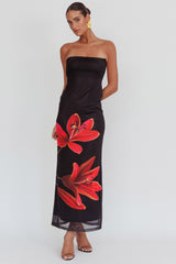 Iridian Strapless Floral Maxi Dress Black