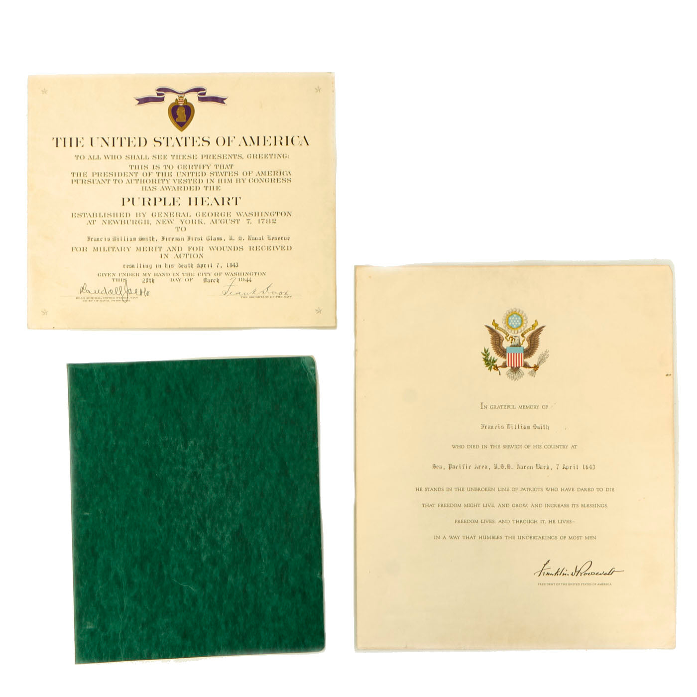 Original U.S. WWII Posthumous Presidential and Purple Heart Citations and Ship Information With Photos For Fireman First Class Francis Smith, KIA During The Sinking of the USS Aaron Ward off Coast of Guadalcanal - April 7, 1943 Original Items