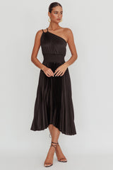 Calissa One Shoulder Pleated Midi Dress Black