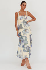 Provence Bloom Tiered Ruffle Maxi Dress Beige/Blue