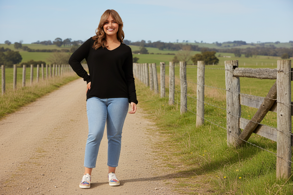 Long Sleeve Knit V-Neck Top - Black